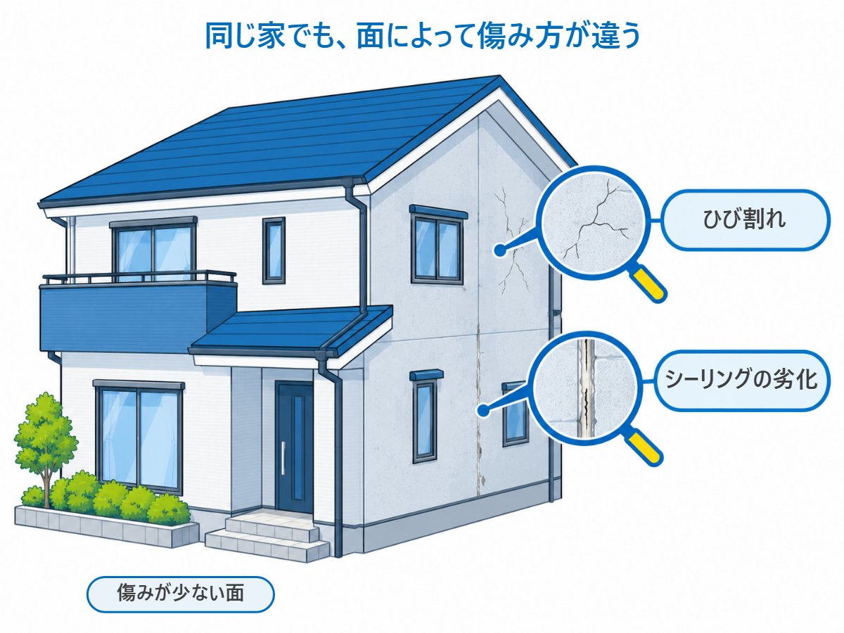 同じ住宅でも、傷みの少ない面と、ひび割れやシーリングの劣化がある面があることを示す図