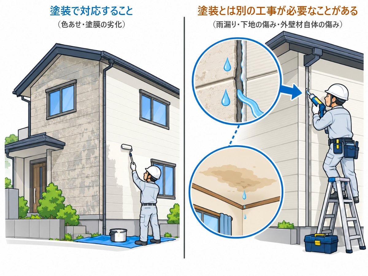 塗装で対応できる色あせなどと、雨漏りのように塗装とは別の補修が必要な場合を比べた図